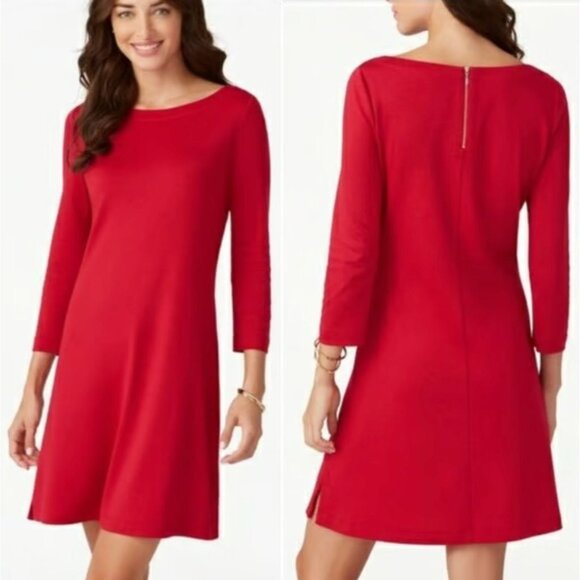 Tommy Bahama Red Drapey Ponte Knit Shift Dress Size M Classic Fall 3/4 Sleeves - Picture 1 of 8